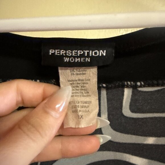 Vintage Abstract Print Black & Gray Perception Women Short Sleeve Stretchy Top W - Picture 3 of 5